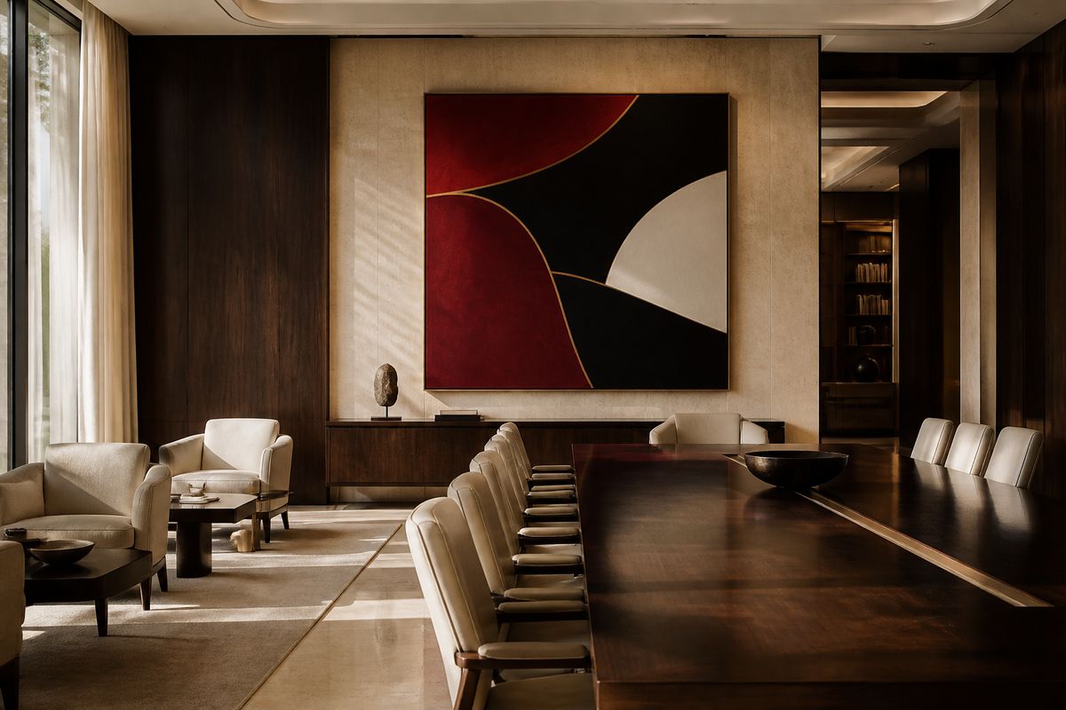 Sala riunioni di private banking con opera contemporanea