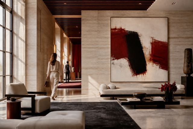 Hall di hotel di lusso con grande opera contemporanea